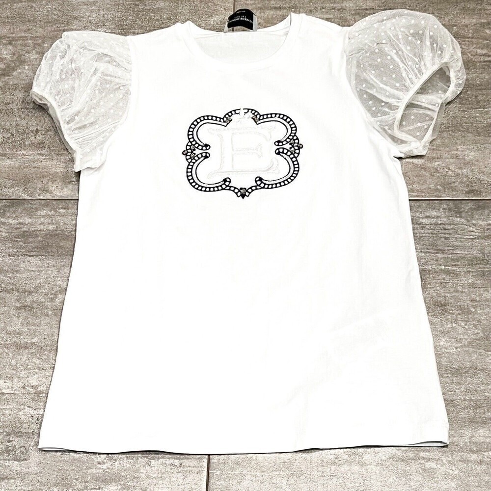 Ermanno Scervino Junior White “E” Princess T Shirt With Tulle Sleeves Size XL